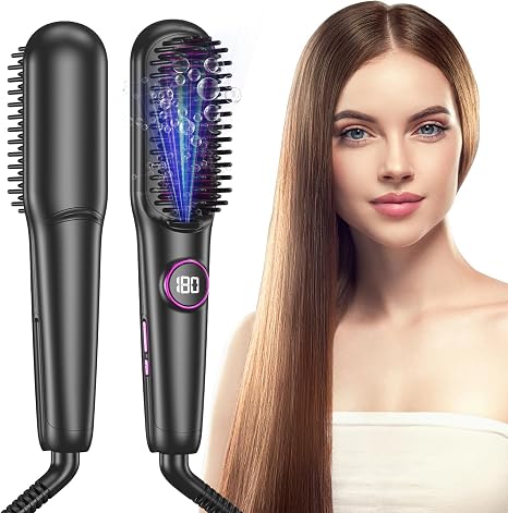 Ceramic Straightening Brush Professional Straightener & Hair Brush Hair Straightener Brush 9 Temperatures Ion Hair Straightener Brush Quick Heating 140-220°C LCD Display Anti-scalding
