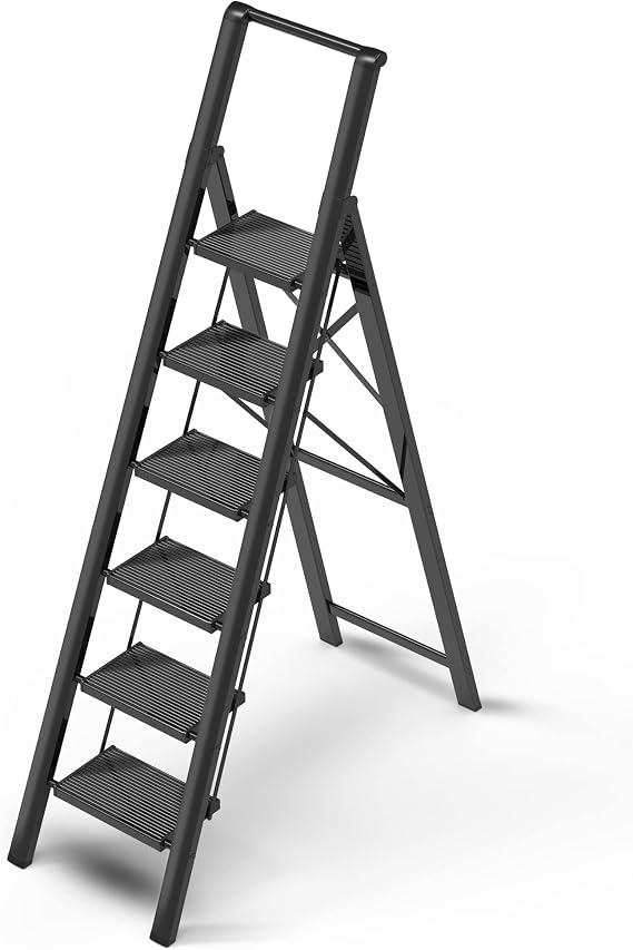 6 Step Ladder, Foldable 6 Step Stool, Black