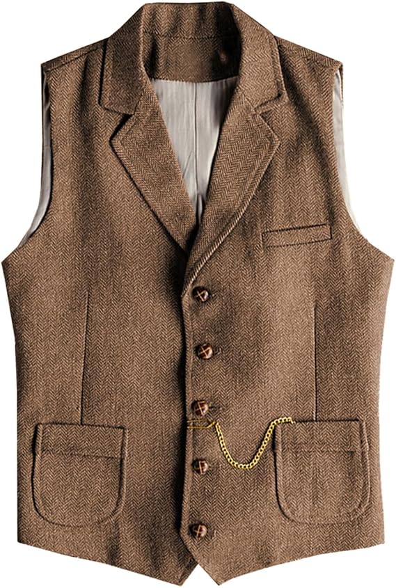 Men's Western Herringbone Tweed Suit Vest Wool Slim Fit Waistcoat