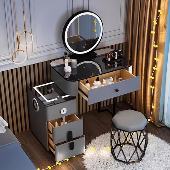 Vanity Desk with Mirror,Vanity Mirror with Lights Desk,Small Make Up Vanity Desk,Glass Tabletop Makeup Vanity,3 Color Modes & Adjustable,with 1 Drawers and Side Cabinet,Women Girls for Bedroom(Gray an