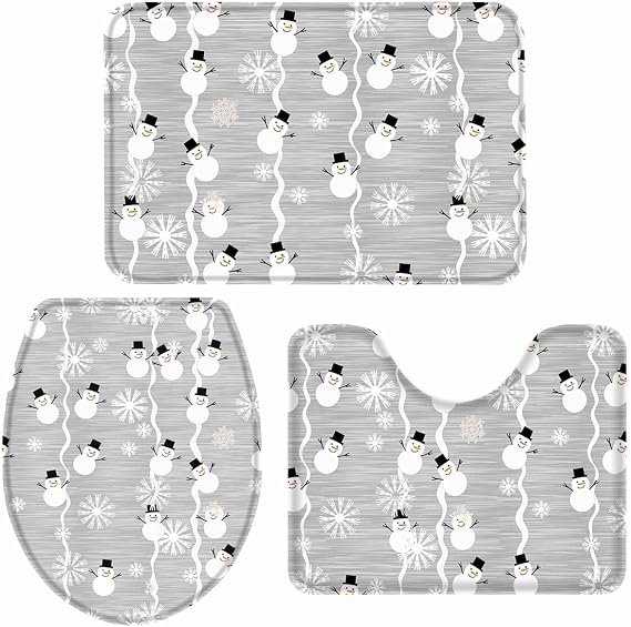 Merry Christmas 3-Piece Bath Rug Mat Sets,Cute Xmas Snowman Snowflake Snow Grey Absorbent Non-Slip Bathroom Doormat Runner Rugs, Toilet Seat Cover, U-Shaped Toilet Floor Mat,Small