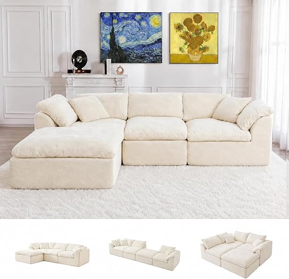 110" Boneless Couches for Living Room,Sectional Sofa,White | Modern Compressed L Shaped Couch with Ottaman,3 Seater Deep Seat Modular Cloud Couch,No Assembly