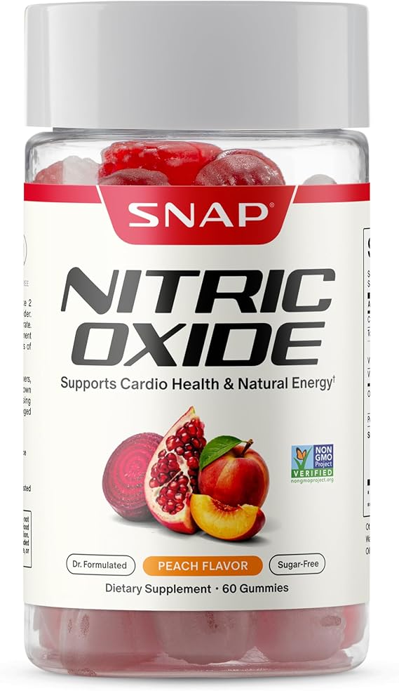 Snap Supplements Nitric Oxide Beet Root Gummies Supplement with Organic Beets - Energy & Circulation Support, 60 Sugar-Free Gummies (30 Servings, 1 Month Supply), Peach