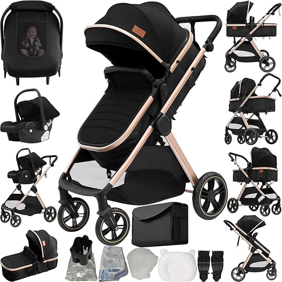 3 in 1 Baby Stroller Travel System, Pushchair 3 in 1 Set, Toddler Pram with Reversible Two Pushing Modes, Newborn Buggy Aluminum Frame, Infant Carriage One-Click Folding (V10 Black Gold)