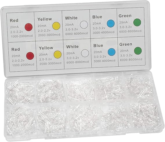 DiCUNO 1000pcs 3mm Light Emitting Diode LED Assorted Kit(5 Colors x 200pcs) | White Red Yellow Green Blue Lights Round Head and Clear Len Bulbs, Diodes Assortment Kit for DIY Project, Science Experiments