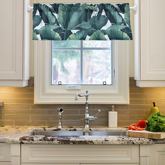 SPRIPORT Banana Leaves Dark Green Curtain Valances for 5418 inch Short Kitchen Curtains with Adjustable Ties Rod Pocket Window Valances for Bathroom Bedroom Cafe Living Room