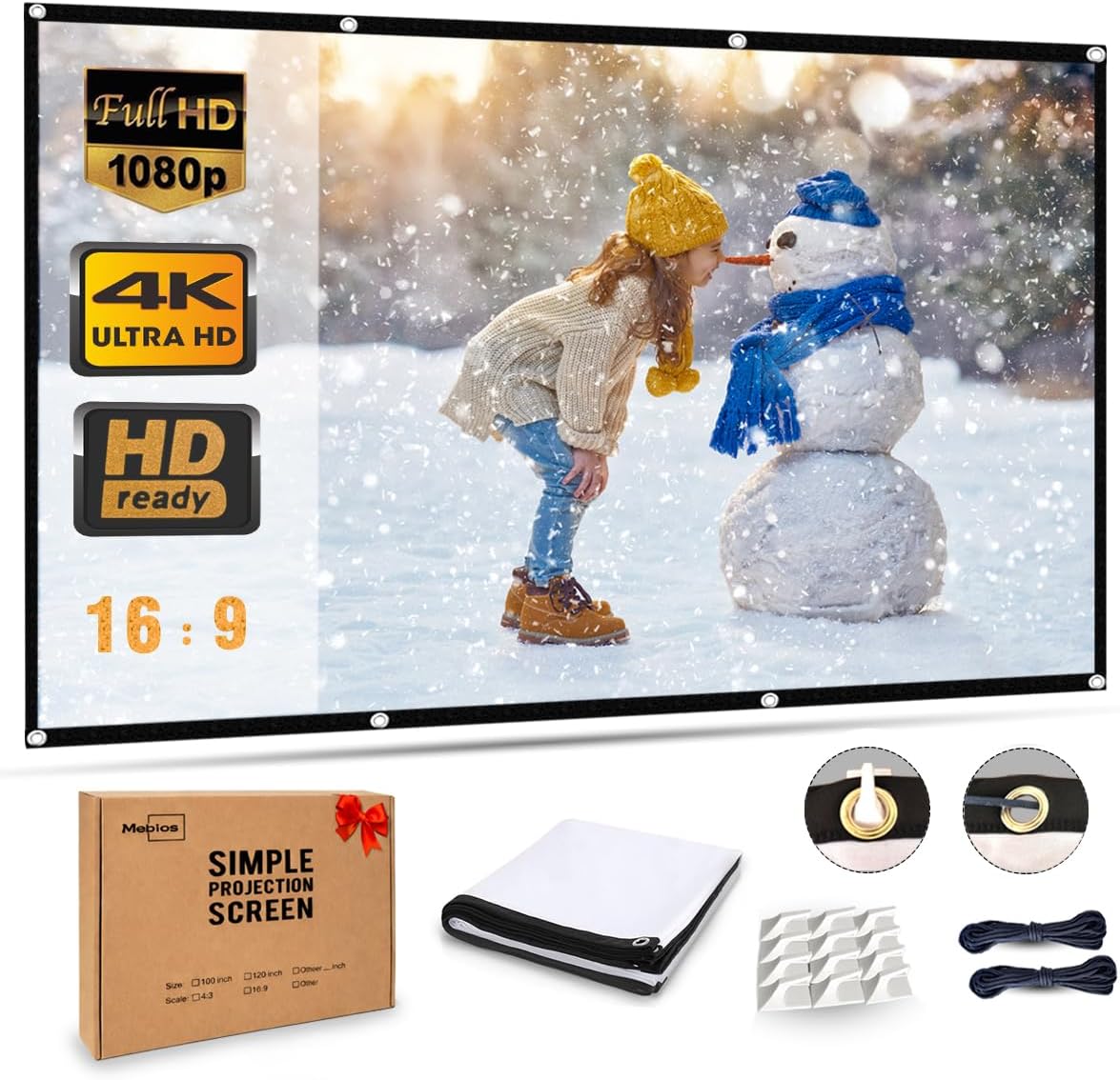 Projector Screen 100 Inch 16:9 HD 4K, Wrinkle-Free Foldable Portable Movie Screen for Indoor Outdoor Home Theater Cinema