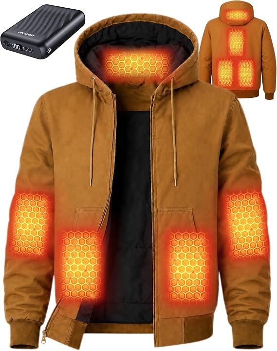 Graphene Heated Work Jacket for Men, Washed Duck Canvas Hooded Coat