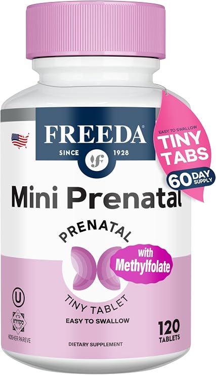 FREEDA Mini Prenatal Vitamin - Kosher Prenatals -Tiny Easy to Swallow Tablets - Prenatal Vitamins with Iron, Prenatal Folic Acid/Folate, Vitamin D - Pre Natal Multivitamin for Pregnant Women (120) | Supports Mother & Baby Nutrition Includes Methylfolate, Calcium, Essential Nutrients Vegan, Kosher, Easy-to-Swallow