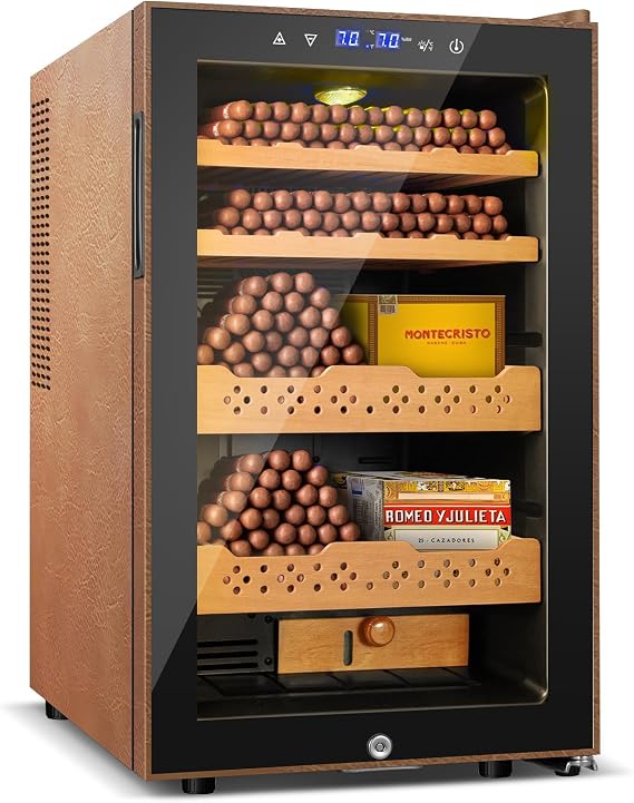 Electric Cooler Cabinet 70L with Temperature and Humidity Control, Leather Finish, Spanish Cedar Wood Shelves and Safety Lock (500 Counts Capacity), Gift for Men