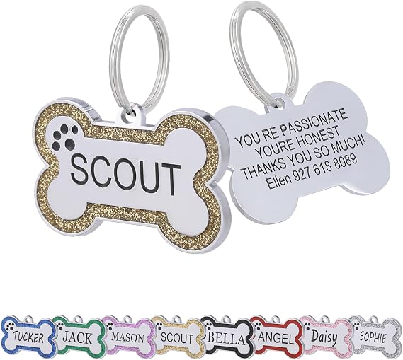 Personalized Dog Tags - Stainless Steel Deep Engraved Glitter Bone Shape Pet ID Tag, Double Sided Custom Text, Lightweight Durable Cat Dog Name Tag (Gold, S)