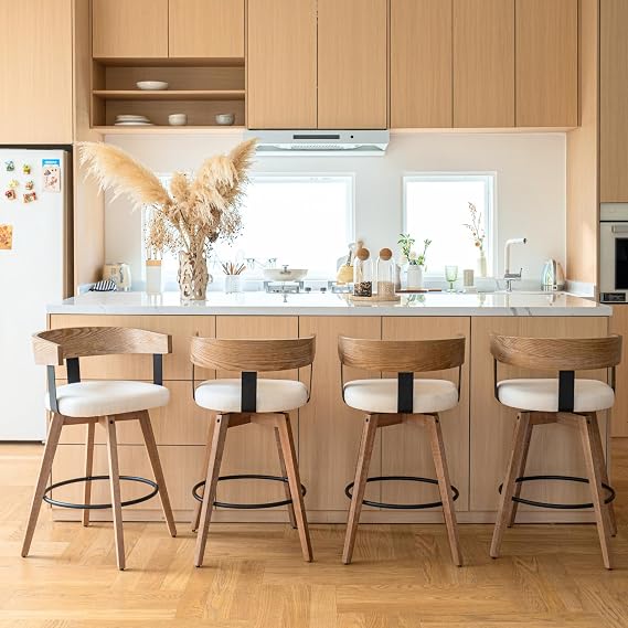 Swivel Bar Stools Set of 4, 26" Upholstered Counter Height Bar Stools with Footrest, Modern Barrel Bar Chairs Wood Barstool with Linen Seat for Dining Room Kitchen Island Home Bar, White