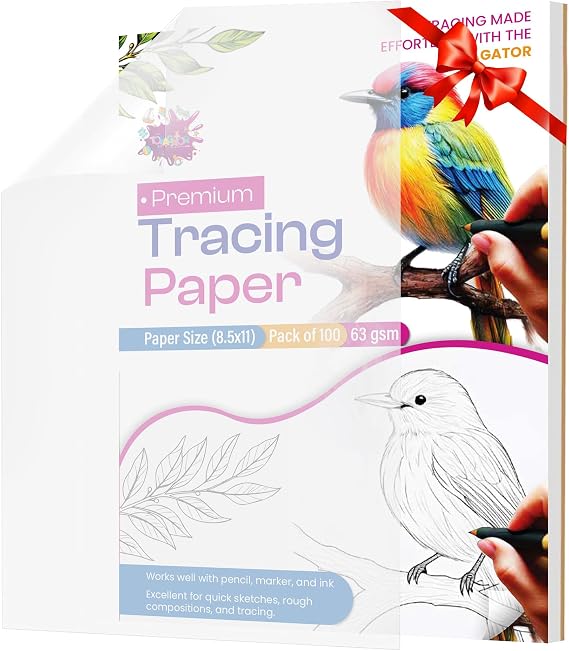 Tracing Paper 8.5x11 in, 100 Sheets, Transparent Sketch Paper 63gsm