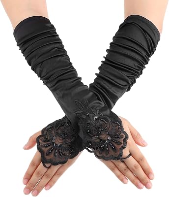 Giantree 1 pair Women 20s Fingerless Satin Gloves, Black Long Opera Gloves with Finger Loops, Formal Bridal Banquet Party Wedding Opera Colorful Mitten, for Women Theme Party Halloween Costume Black