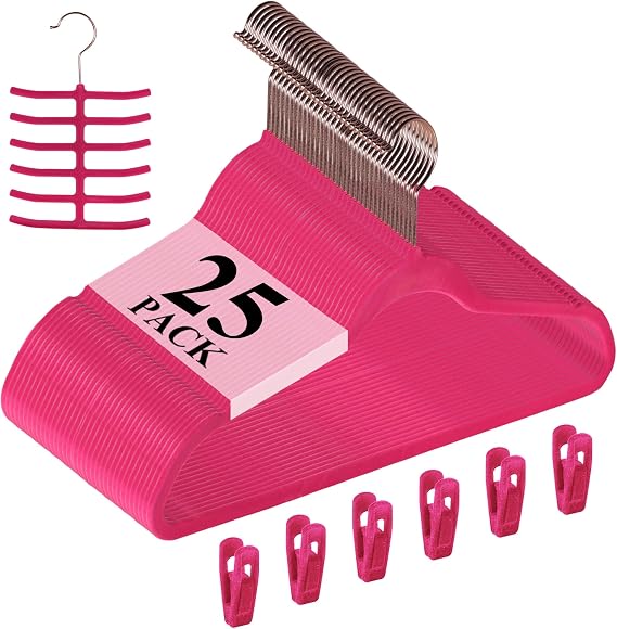 VECELO Premium Velvet Clothes Hangers Suit Heavy Duty (25 Pack)-Non Slip & Space-Saving with 6 Finger Clips & Tie Rack Excellent for Men and Women,Rose
