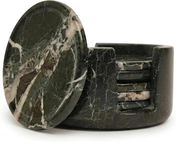 Marble Coasters Set of 6 with Holder, Black Zebra, 3.5 Inch, Round