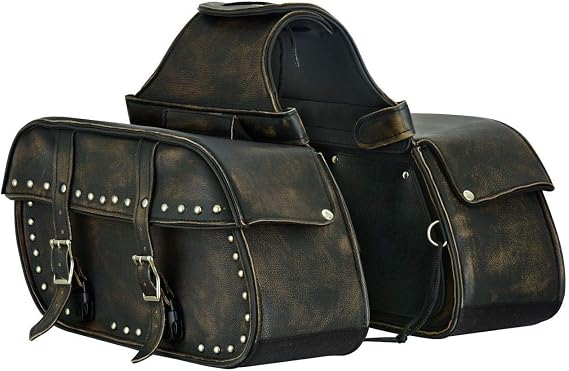 Motorcycle 2 Pc Medium Distressed Brown Zip off Genuine Leather Saddlebag 2 Strap Studed