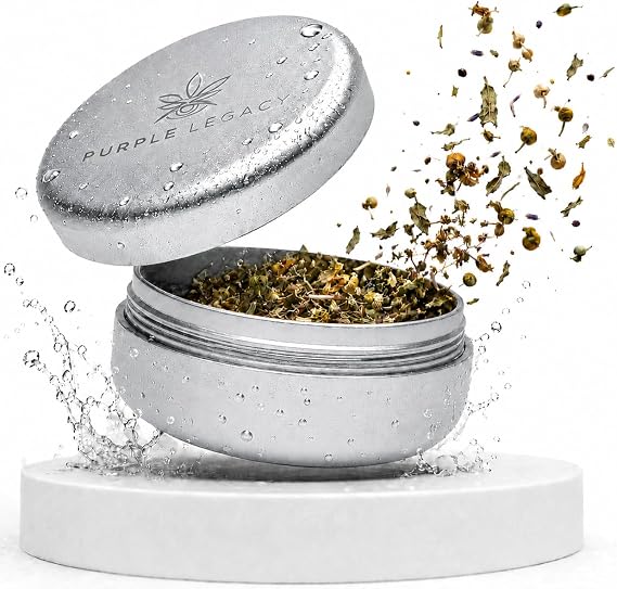 Ultra Light Stash Box Aluminium Tin I Waterproof I Airtight I Diameter 55 x 24 mm I UV Light Protected Box for Pills Herbs Spices (Purple Silver)
