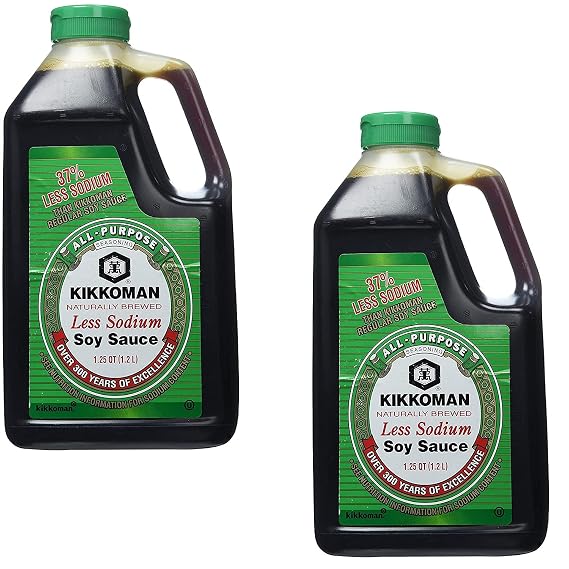 Kikkoman Traditionally Brewed Less Sodium All-Purpose Seasoning Soy Sauce Bulk Restaurant Food Service Size Large Jug 1.25 Qt 40 Oz (2-Pack)