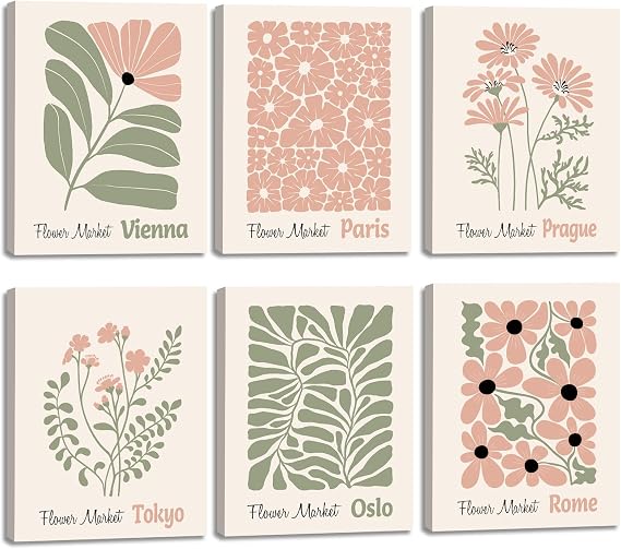 ANHUIB 6 Pcs Boho Flower Market Framed Canvas Wall Art Set Matisse Floral Wall Decor Abstract Botanical Wall Painting Nature Floral Illustration Art Prints for Living Room Bedroom Office Decor 20×25cm