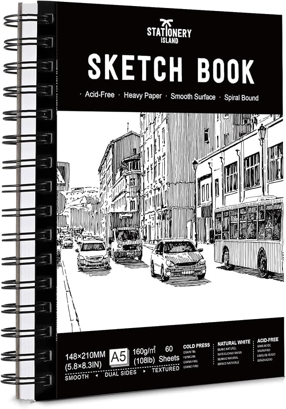 STATIONERY ISLAND Sketchbook Spiral Bound 60 Sheets A5 160gsm Premium Drawing Paper for Sketching, Drawing & Painting Sketch Pad Art Book for Pencils, Charcoal