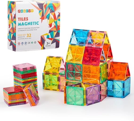 OugerToy 32-Pack Magnetic TilesRainbow Builder Set | 2.95in STEM Construction Kit with Transparent Windows, Expand Creative Play for Kids