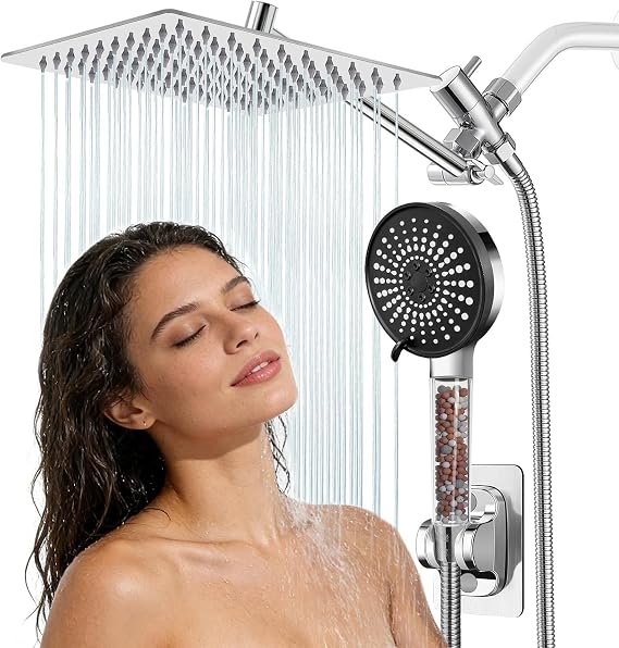 Filtered Shower Head,8 Inch Rain Shower Head with Handheld Spray Combo, Adjustable High Pressure Rainfall Shower Head, Dual Showerhead Set with Extension Arm and 60 Inch Long Shower Hose(Silver)