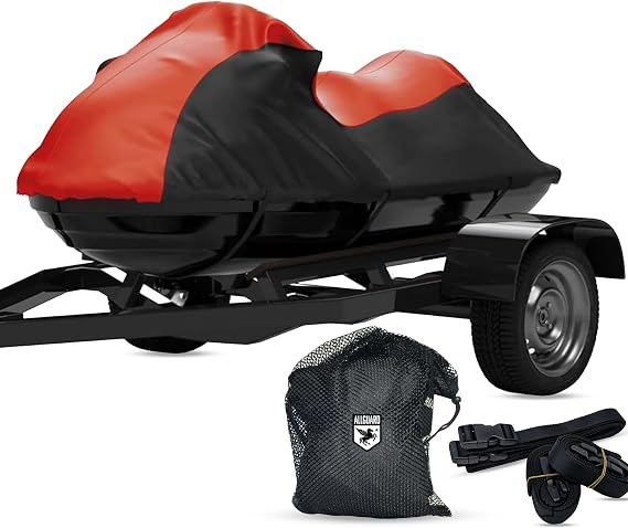 Weatherproof Max Jet Ski Cover, Heavy Duty 600D Marine Grade Polyester, Protects from Rain, Sun, UV & More - Red/Black (Fits Jet Ski Length: 125" - 135")