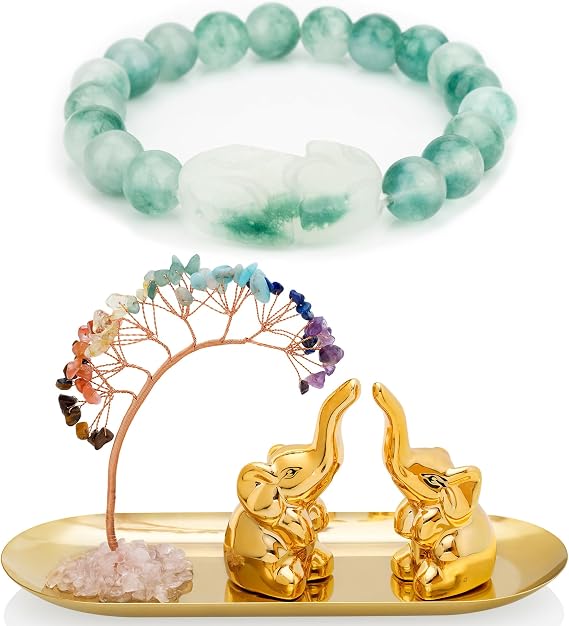 ZenBless 7 Chakra Healing Crystal Tree Ceramic A Pair Elephant Statues Decor Gifts,Home Decor, Feng Shui Good Luck, and Jade Bracelet Pi Xiu/Pi Yao Attract Wealth Dark Green