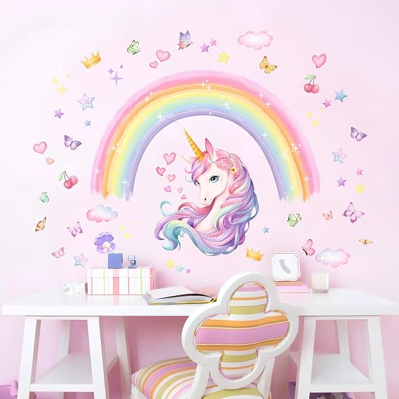 Unicorn Rainbow Wall Stickers Watercolor Stars Decals for Girls Bedroom