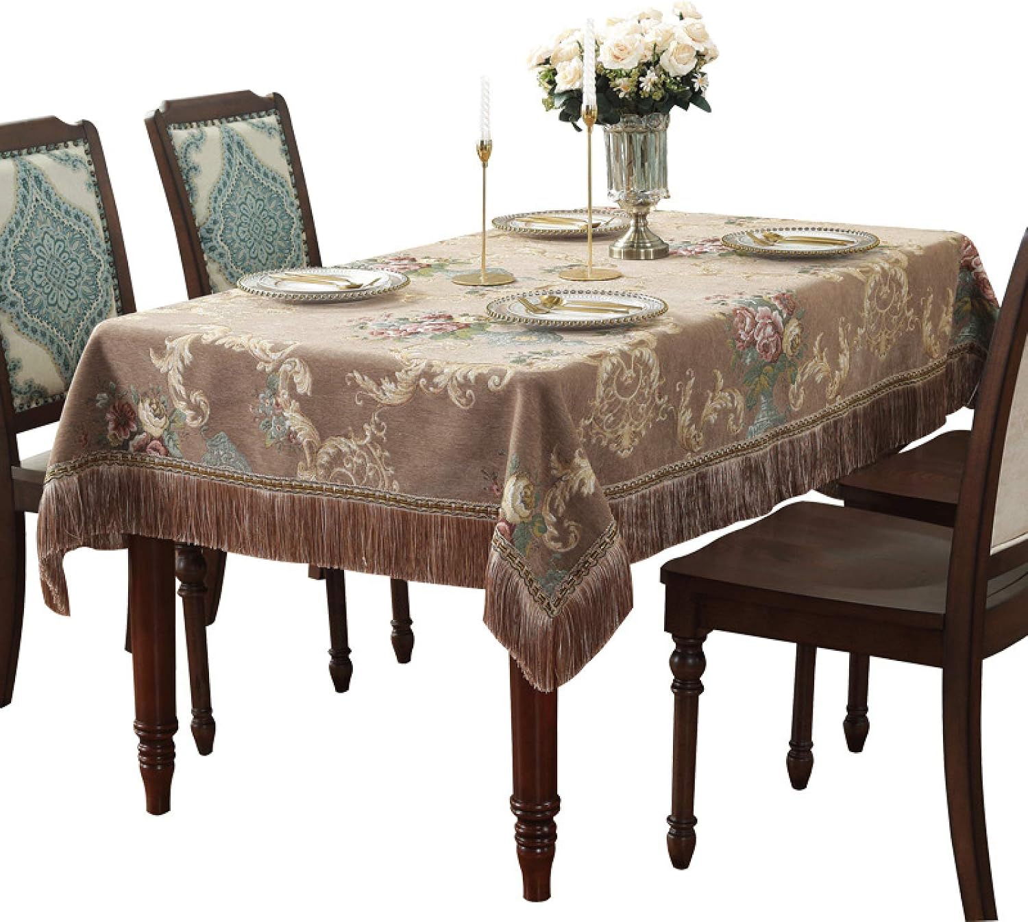 Chenille Table Cloth Fringed Lace Tablecloths Washable, Table Cover for Kitchen Dinning Party,vintage Style,brown-150 * 220cm（59 * 86.6inch）