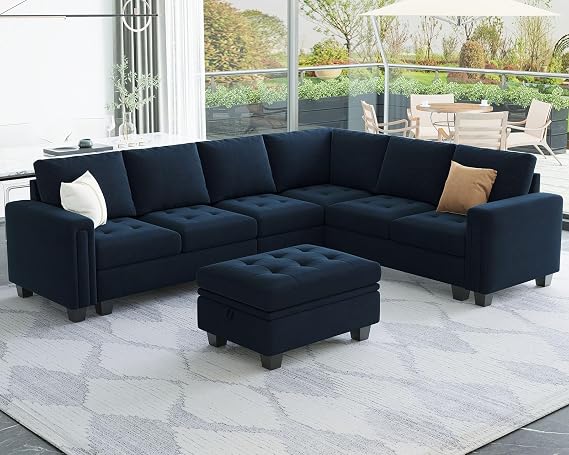 Belffin Velvet L Shaped Sofa Couch with Reversible Chaise Convertible Modular Sectional Sofa Set with Storage Ottoman Corner Sofa Set for Living Room Blue