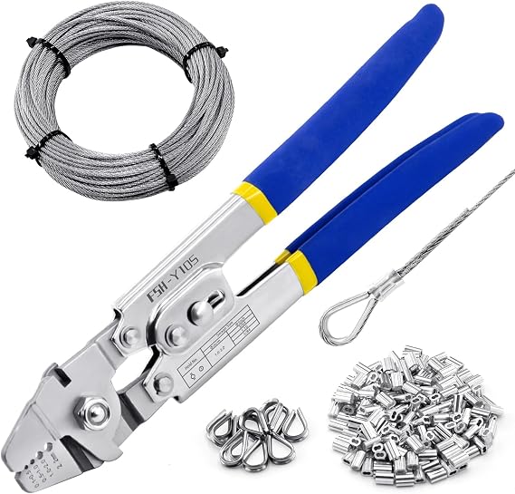 XOOL Wire Rope Crimping Tool with Built-in Cutter, Hand Swaging Tool with 66FT/20M 1/16'' Wire, 200PCS Aluminum Double Barrel Ferrule Crimping Loop Sleeve and 12PCS Stainless Steel Thimble