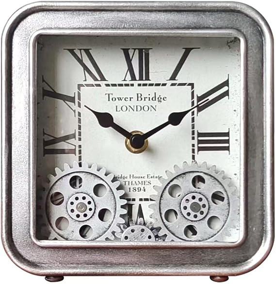 Steampunk Silver Desk Clock, 6 Inch Silent Non-Ticking