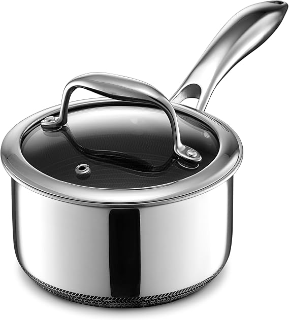 HexClad Hybrid Saucepan with Lid 1 Litre - All Hob Types Non-stick honeycomb structure glass lid saucepan & stockpot oven & dishwasher safe induction