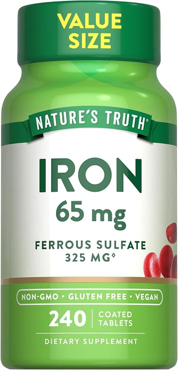 Nature's Truth Iron Tablets | 65mg | 240 Count | 325mg Ferrous Sulfate | Vegan, Non-GMO & Gluten Free Supplement