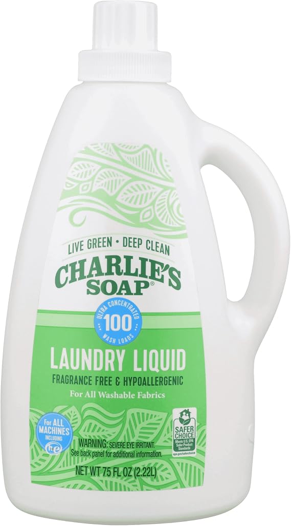 Charlies Soap Laundry Liquid (100 Loads, 1 Pack) 75.0 Fl Oz Natural Deep Cleaning Hypoallergenic Laundry Detergent Eco-Friendly, Safe and Effective