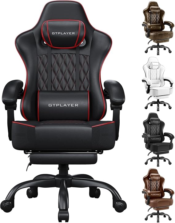 GTPLAYER Gaming Chair, Ergonomic Computer Chair with Footrest and Lumbar Support Height Adjustable Heavy Duty Home Office with 360°-Swivel Seat and Headrest