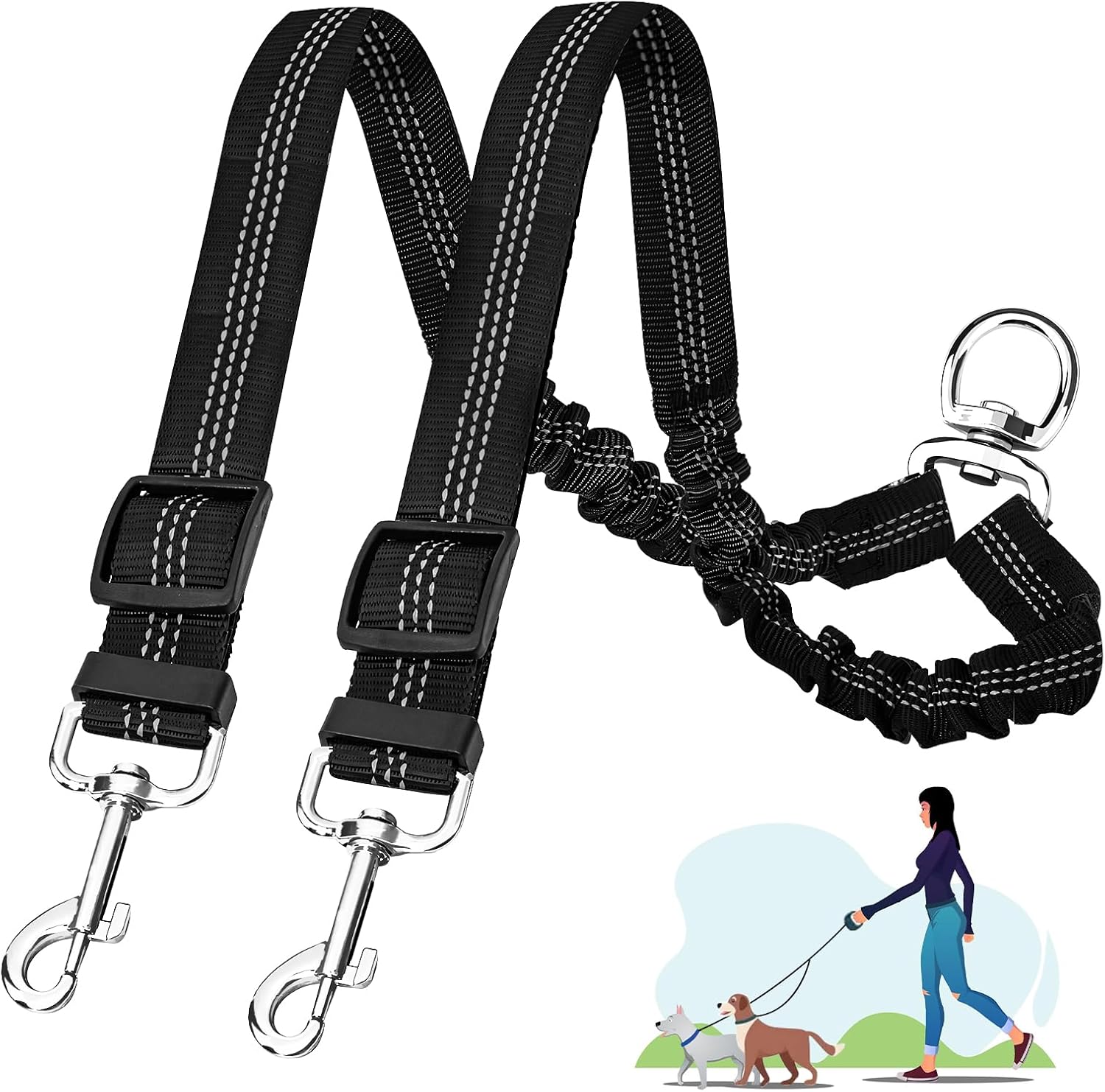 Double Dog Lead for Walking 2 Dogs No Tangle,Safety Handle,360° Tangle-Free,Reflective,Adjustable Shock Absorbing,Double Dog Lead-No leash-Black (for Pets 10-25kg)