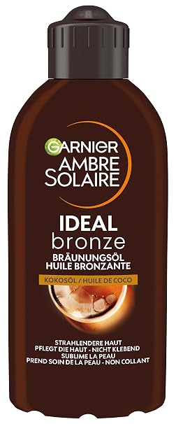Garnier Bräunungsöl für vorgebräunte und dunkle Haut Feuchtigkeitsspendendes Sonnenöl mit Kokosduft für intensive Bräune Ambre Solaire Ideal Bronze 1 x 200 ml