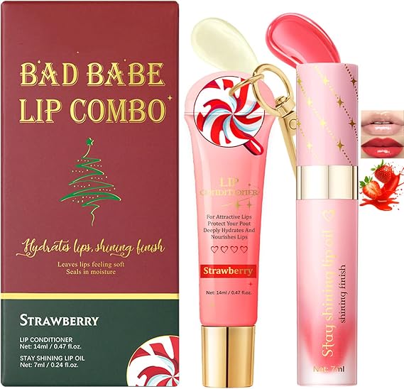 Strawberry-Scented Lip Oil And Conditioner Duo, 14 ml And 7 ml, 2-Piece | Squeezable Tube, Applicator Cap And Detachable Keyring Clip, Adds Moisture And A Shiny Finish, For Daily Make-Up And Travel