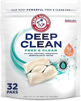ARM & HAMMER Deep Clean Free & Clear Laundry Detergent Power Paks, Free of Dyes and Perfumes, Dermatologist Tested, 32 Count