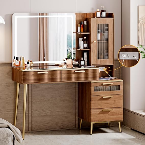 Arulvmrn Vanity Desk with 29.53" HD Lighted Mirror, 47.24" Big Modern Vanity Desk with Mirror and Lights, Makeup Vanity with 5 Drawers and Storage Shelves and Charging Station,B0F7QPHWWM