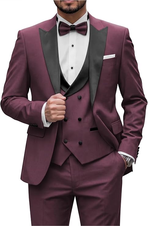 Wangyue Mens Tuxedo Suit for Men Black Double Breasted 3 Piece Slim Fit Suits for Wedding Suit Men Prom Suits Work Sets