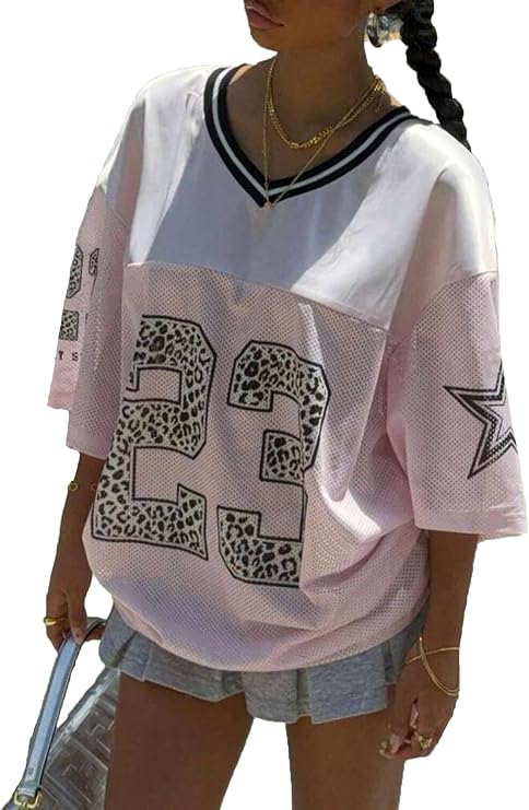 Jersey Shirts for Women Y2k Oversized Number Graphic Tees V Neck Casual Jersey Summer Sporty Aesthetic Preppy Streetwear