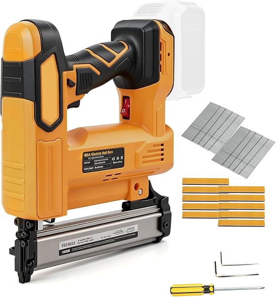 Cordless Brad Nailer for Dewalt 18V 20V, 2 in 1 Electric Stapler Nailer Gun 18GA Nail Staple Gun with 1000Pcs Nails, 1000Pcs Staples for Carpentry Upholstery DIY Projects (Yellow, for Dewalt)