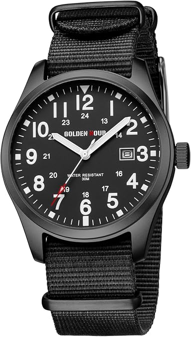GOLDEN HOUR Men's Nylon Slip-Thru Strap Watch with Military Time Easy Read Dial Glowing Hands