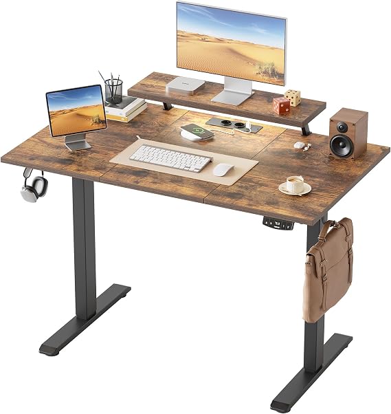 Klicelor Electric Standing Desk, Led & Plug, Movable Monitorstand, 120x60 | 72-116cm Height, Standing desk with 2 Memory Buttons, Sit Stand Computer Desk for Home Office, 3 pcs Desktops, Brown