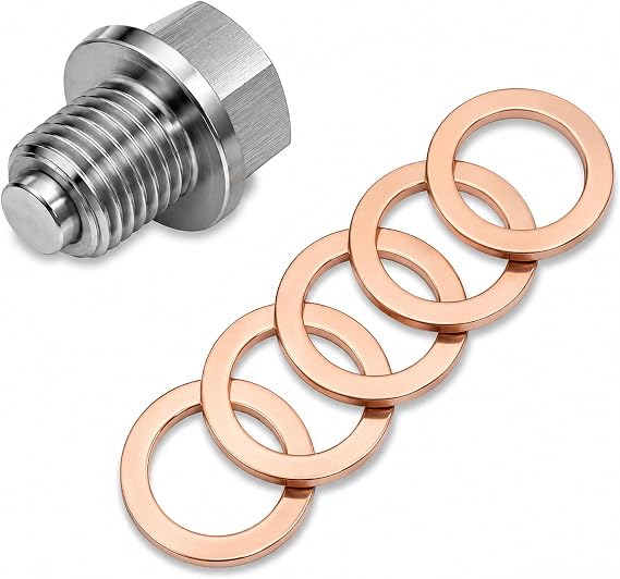 Premium M14x1.5 Magnetic Oil Drain Plug, Stainless Steel Engine Oil Pan Drain Bolt with 5PCS Copper Crush Washers, Anti Leak Replacement Bolt Suitable for Auto, Motorcycles and Boat