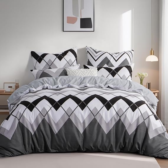 Double Duvet Set - Double Bedding Set with Pillowcases, Ultrasoft Microfiber Luxury Non Iron Quilt Cover with Zipper Closure, Chevron Black & Grey 200x200cm